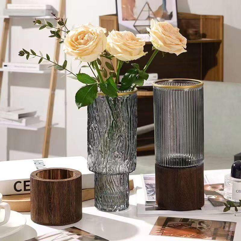 Nordic Wooden Stem Holder Glass Vase for Hydroponic Roses & Bamboo