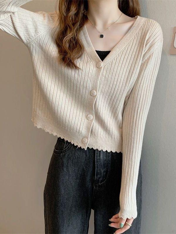 Women's Slim Fit Rib-Knit V-Neck Cardigan – Autumn Long-Sleeve Outerwear