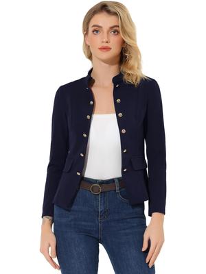 Blazer Azul Marinho Feminino Allegra K, Estilo Vintage, Gola Alta, Abertura Frontal, Detalhe de Botão, Casual, Tamanho G