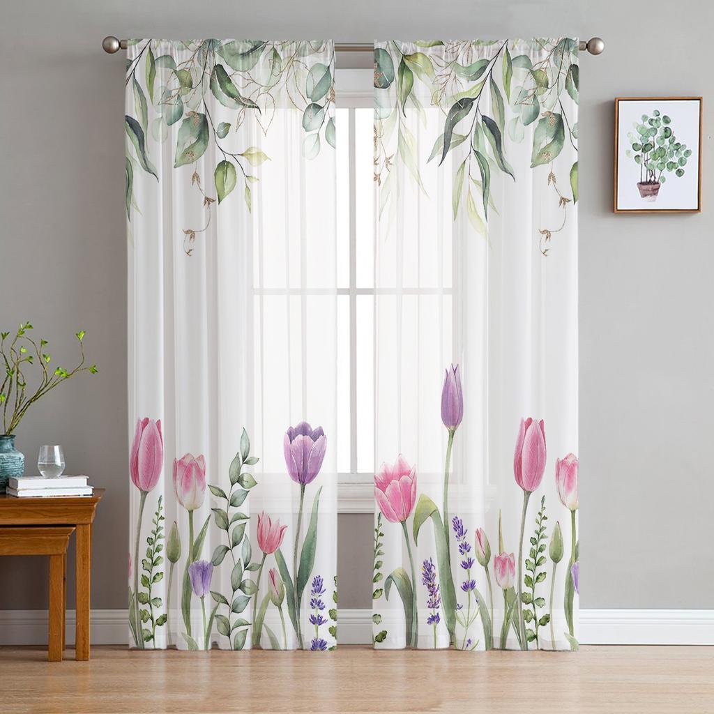 Plants Flowers Leaves Chiffon Sheer Curtains for Living Room Bedroom Home Decoration Window Voiles Tulle Drapes Curtain