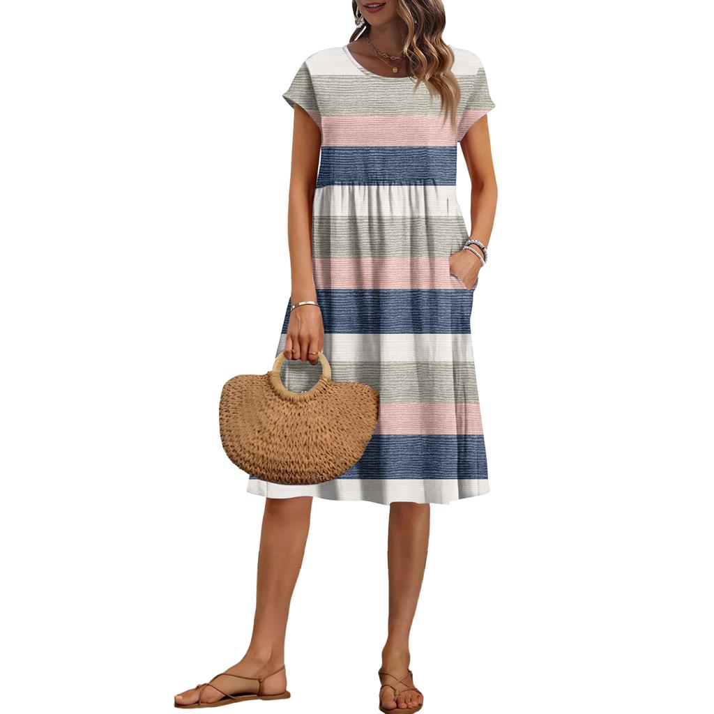 Women's Summer Fashion Casual Round Neck Short Sleeve Striped Print Dress