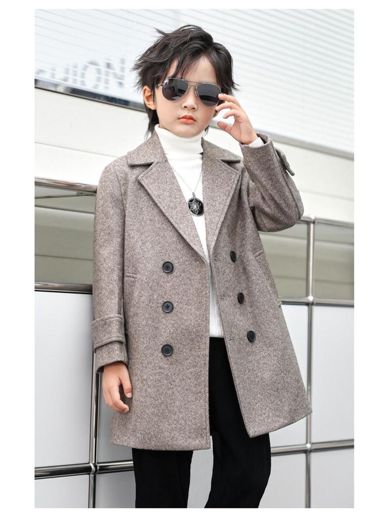 Boys' Mid-Length Wool Trench Coat - Stylish and Warm Korean-Style Overcoat for Autumn and Winter