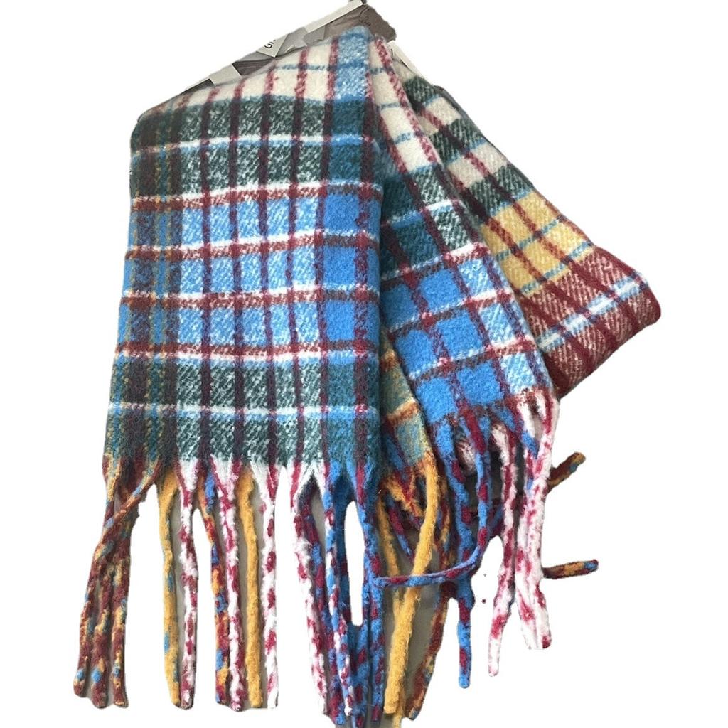 Korean Version of Autumn and Winter Rainbow Plaid Imitation Cashmere Scarf for Female Students Couple Mohair Warm Scarf Long Shawl