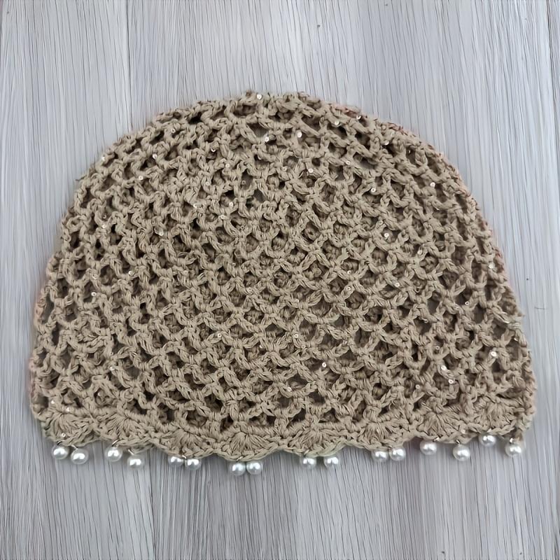 1Pc Sequined Pearl Hat, Handmade Knitted Hollow Thin Breathable Versatile Beanie Hat