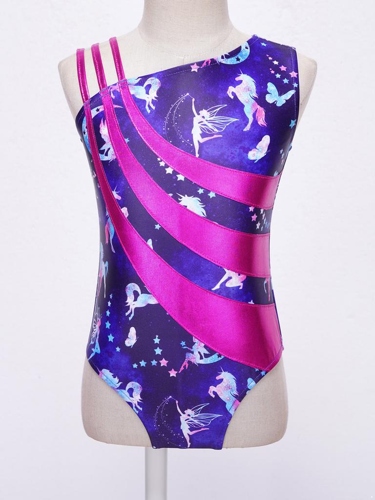 Tricou drăguț pentru gimnastică de dans într-o singură piesă pentru fetițe, salopetă metalizată lucioasă