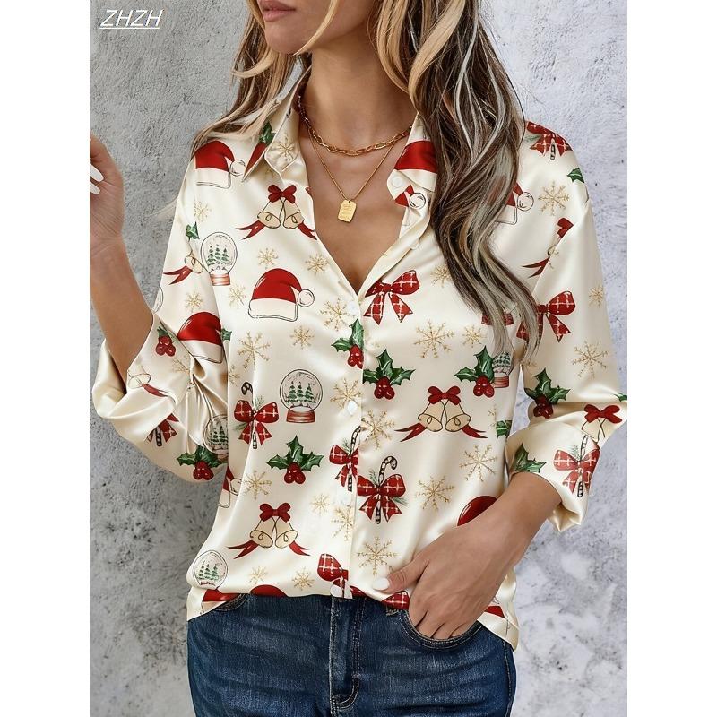 Women's Santa Claus Print Blouse, Elegant Long Sleeve Shirt Collar, Vintage Holiday Style, Fall Winter Work Daily Wear