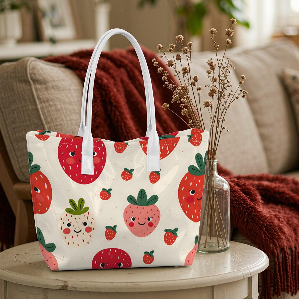 Cute Strawberry Print Tote Bag Fashion Portable Casual Daily Shoulder Bag for Women Outdoor Shopping Travel Use