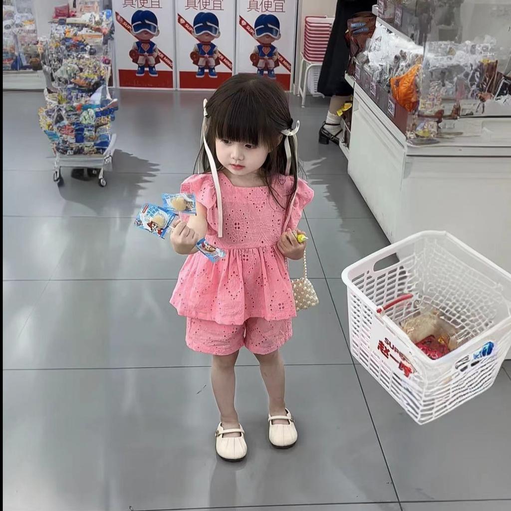 Girls Summer Pink Cotton Cap Sleeve Top And Shorts Set Baby Girl Two Piece Outfit Casual Soft Breathable Clothes