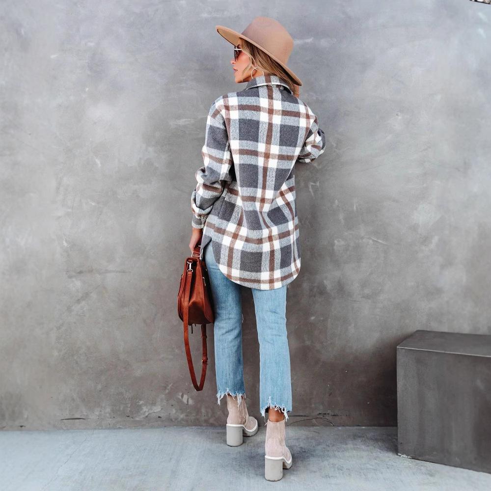 Women Winter Warm Long Sleeve Lapel Two Pocket Plaid Woolen Coat Outerwear