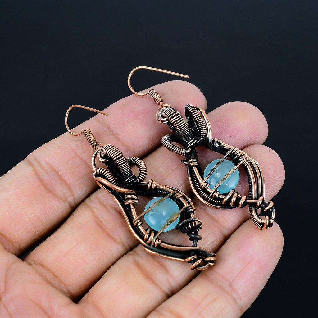 Blue Chalcedony 999 Copper Wire Wrapped Earrings, Handmade Gemstone Earrings Jewelry, Gifts For Wife Brand New Earrings