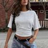 Women Y2k Solid Color Crew Neck Batwing Cinched Waist Loose Short Sleeve T Shirt