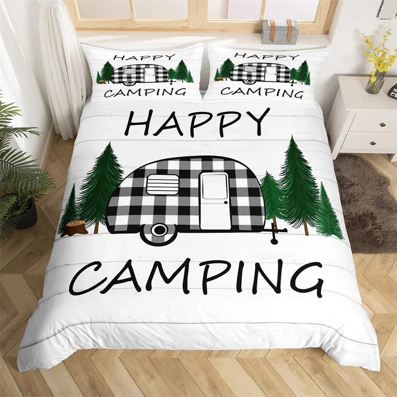 Camper Bedding Set Vintage Cabin Twin Full King Duvet Cover Cartoon Camp Travel Car Quilt Cover Farmhouse Style Comforter Cover