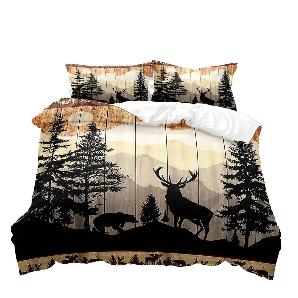 Farmhouse Bedding Sets Deer Elk Moose Mountain Woodland Animals Duvet Cover, stic Bedroom Decor, 2 Pillowcases Bedroom Decor
