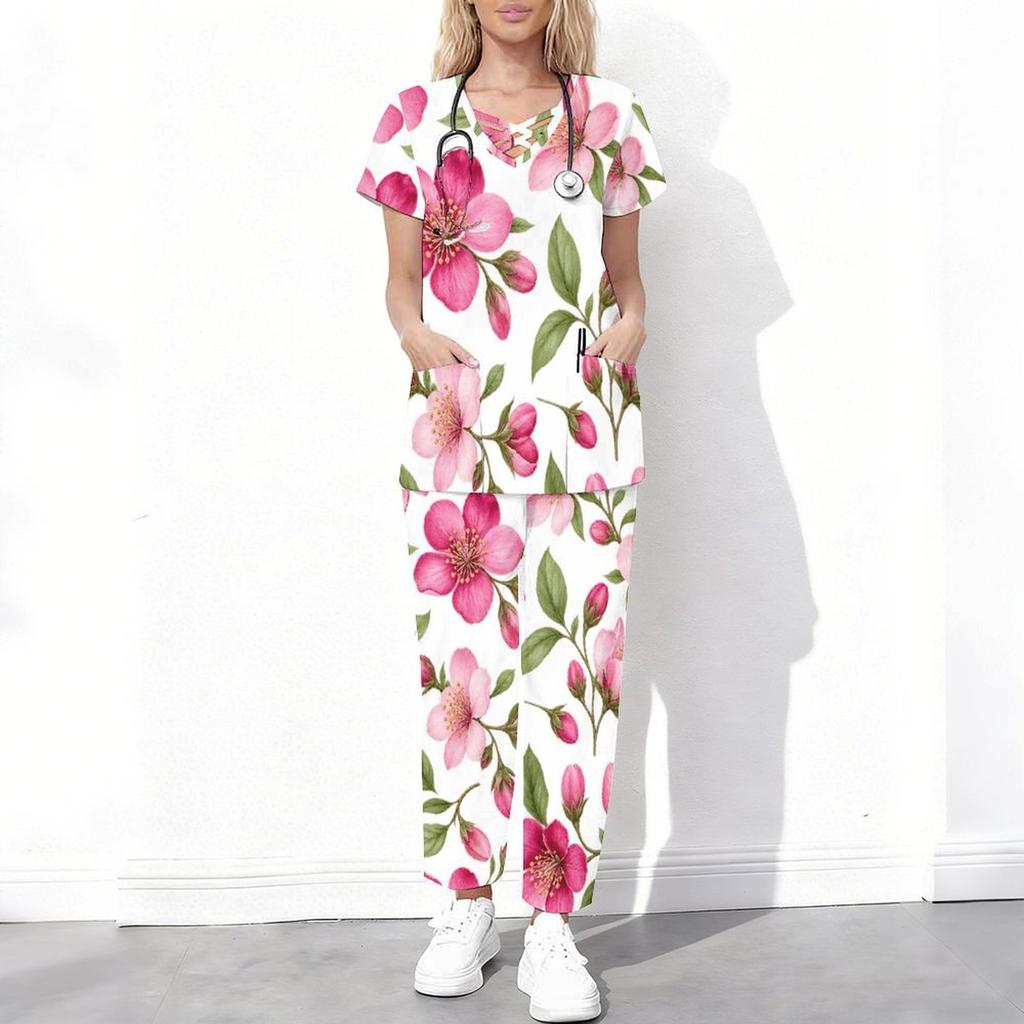 Women Plus Size Floral Printed Scrub Set Cutout Neck Short Sleeve Pocket Top Long Pants Two Piece