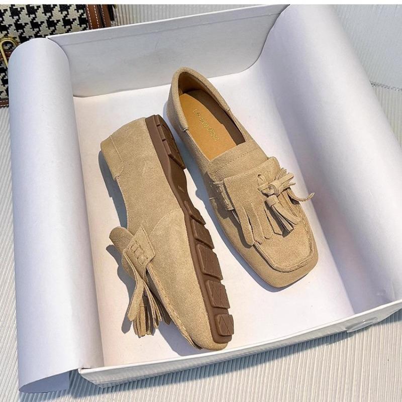Square Head Soft Sole Single Shoes Women's New Versatile Tassel Shallow Mouth Doudou Shoes Non-slip One-pedal Women