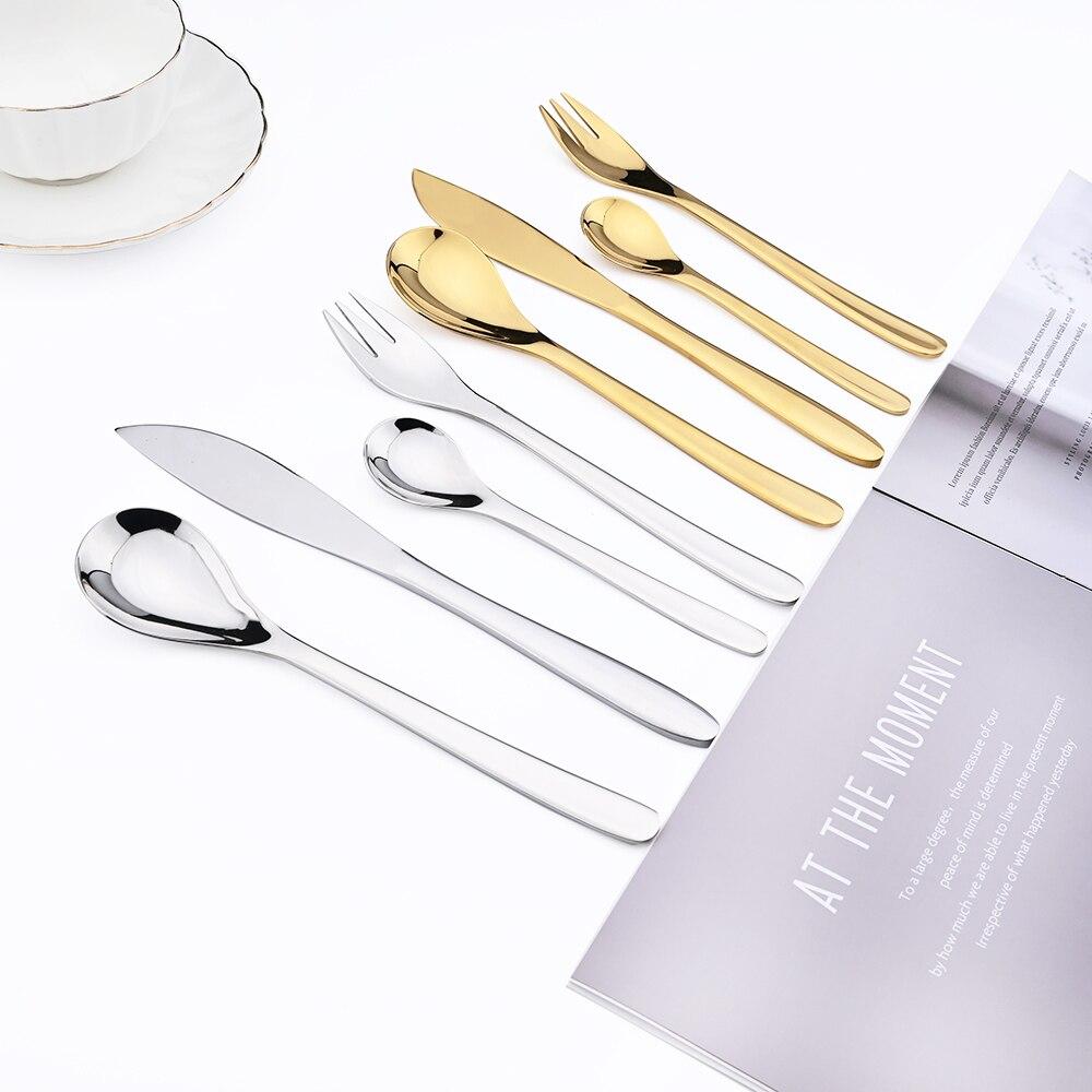 Gold 24 Pieces Cutlery Set 304 Stainless Steel Drop Shaped Teaspoons Dinnerware Kitchen Knife Fork Spoons Tea Spoon Tableware