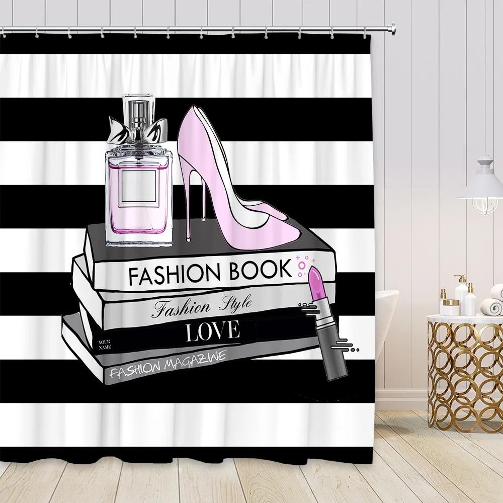Pink Perfume High Heel Shower Curtain Set Black White Stripes Fashion Girl Woman Bathroom Decor Polyester Bathtub Curtains Hooks