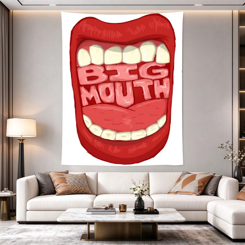 Big Mouth poster fills the frame with a giant open red mouth, white teeth rows and pink BIG MOUTH letters on the tongue Wall Tapestry