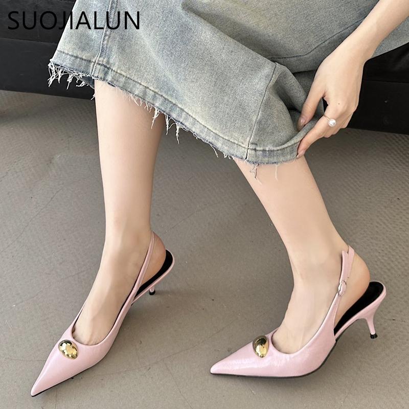 Fashion SUOJIALUN 2025 Spring New Brand Women Sandal Fashion Gold Buckle Ladies Elegant Slingback Sandals Thin High Heel Pointed Toe Pum