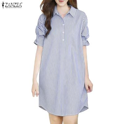 Women Casual Turn Down Collar Short Sleeve Stripe Shirt Dress