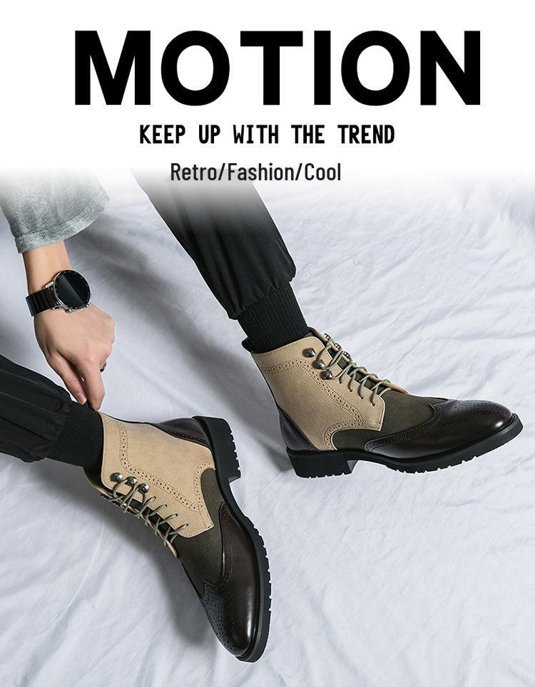 Men's Retro Green Leather High-Top Martin Boots with Pointed Toe