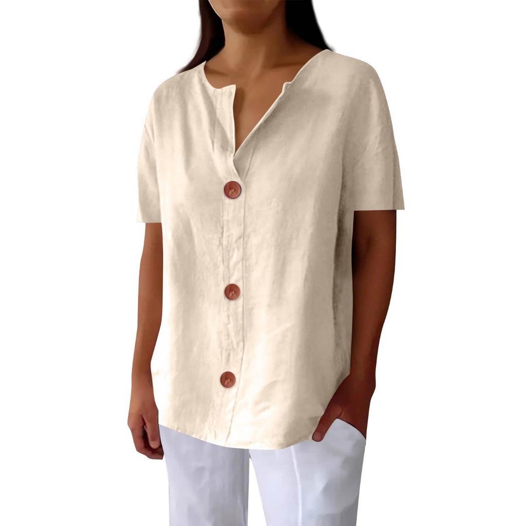 Spring Autumn New Women's Loose V-neck Button T-shirt Comfortable Casual Blouse Top