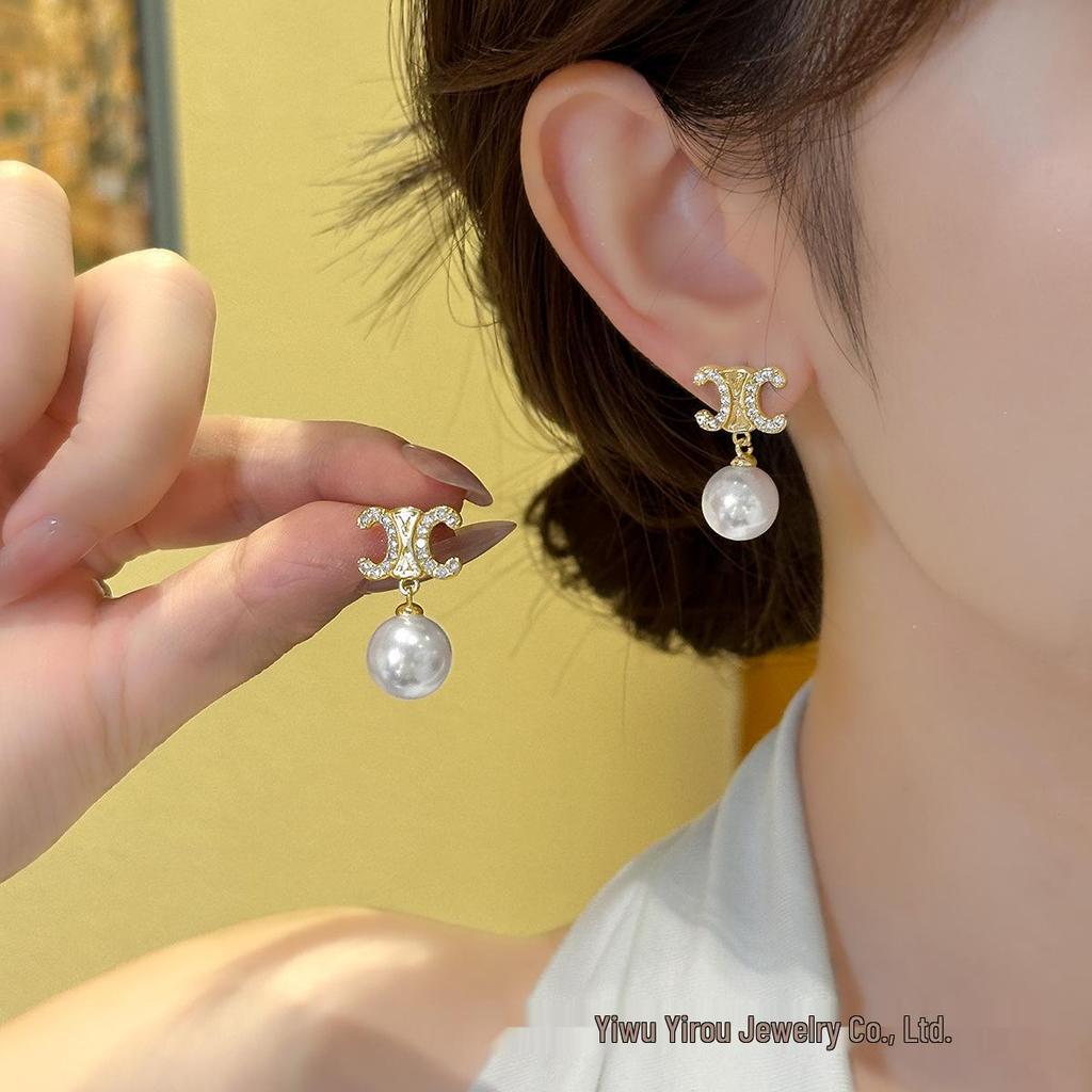 Elegant Pearl Earrings with French Double C Design and S925 Silver Needle