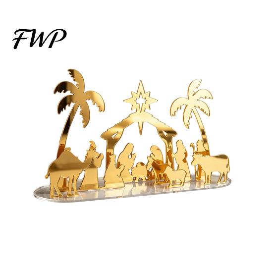 Christmas Tabletop Decorations Acrylic Ornament, Mirrored Golden Silhouette Scene, Decorative Living Room Table Decor Desktop Display for Holiday