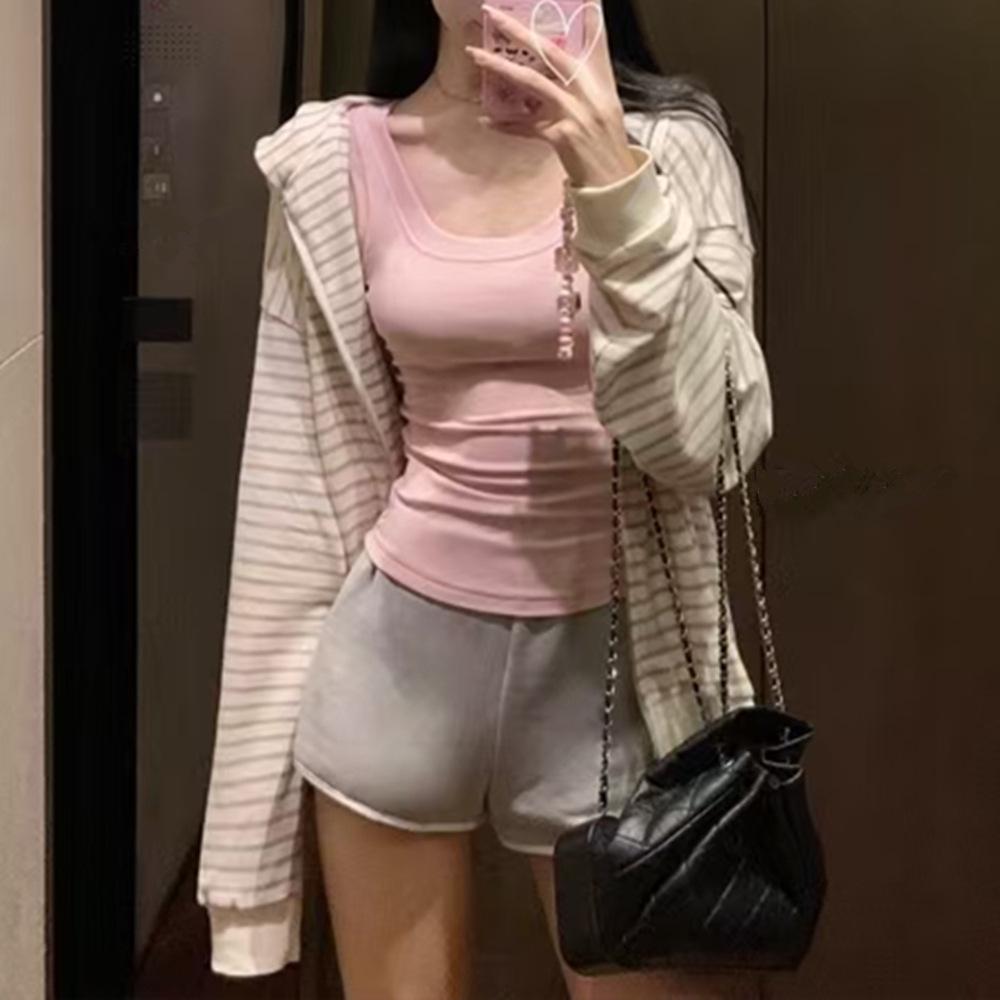 Women's Hong Kong Style Striped Hooded Sweatshirt - Lightweight Casual Zipper Cardigan for Spring/Autumn