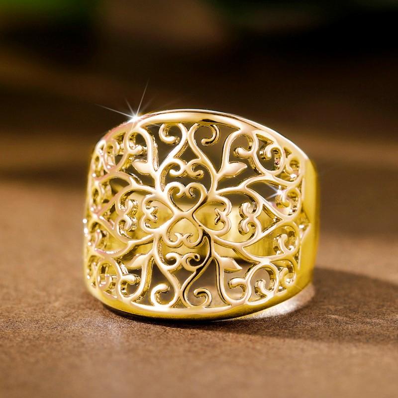 Hollow Floral Design Women Rings Metal Silver Color/Gold Color Boho Fancy Female Finger-rings Wide Band Statement Jewelry