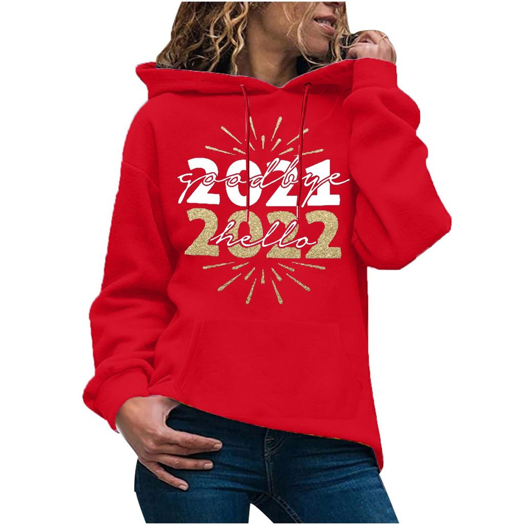 Women's Fashion Casual  New Year Print Hooded Sweatshirt Loose Sports Pullover