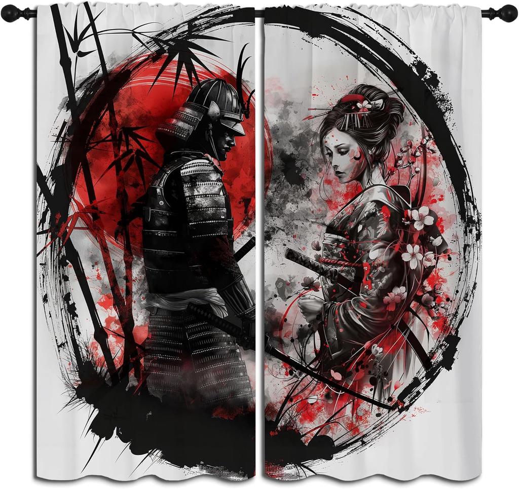 Modern Anime Curtains Boys Girl Bedroom Decor Japanese Cherry Blossom Female Samurai Thermal Insulated Curtain Blackout For Sleeping Area Polyester