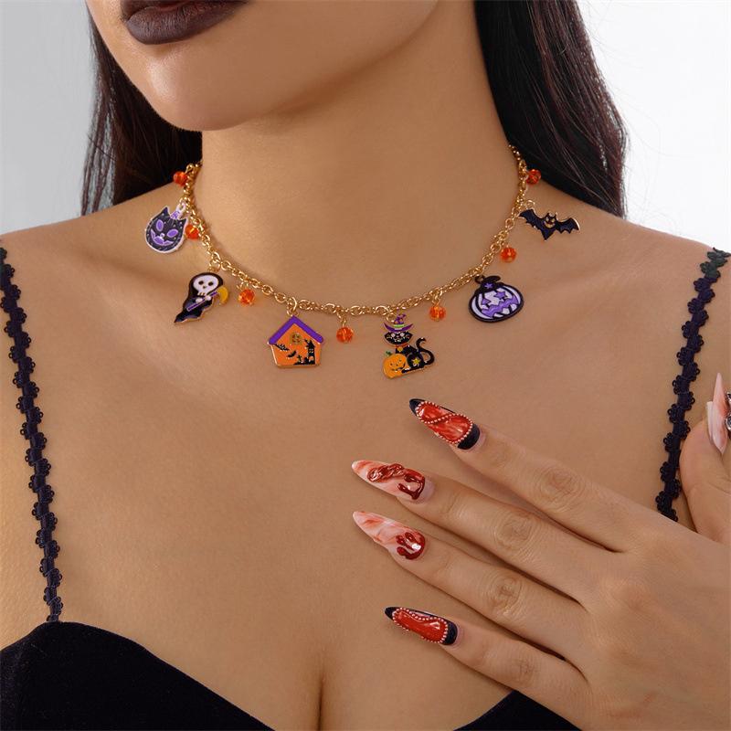 Gothic Punk Halloween Metal Chain Necklace For Women Men Vintage Black Spider Bat Pumpkin Ghost Clavicle Choker Festival Jewelry