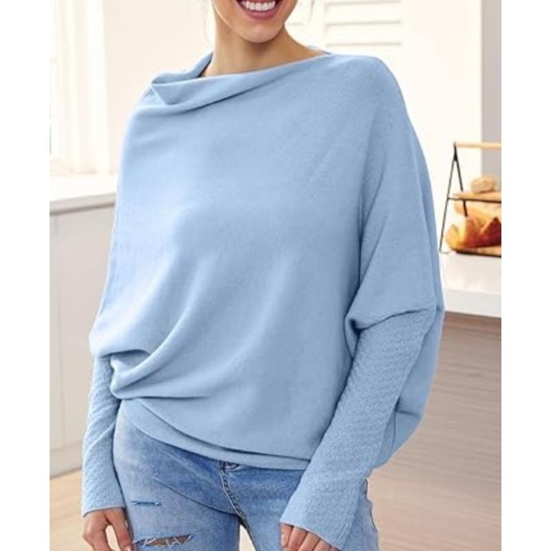 

Осенне-зимняя женская блузка, однотонная, с круглым вырезом, длинными рукавами, комфортная, темпераментная, трикотажная, плиссированная, пуловер-топ One Size светло-синий