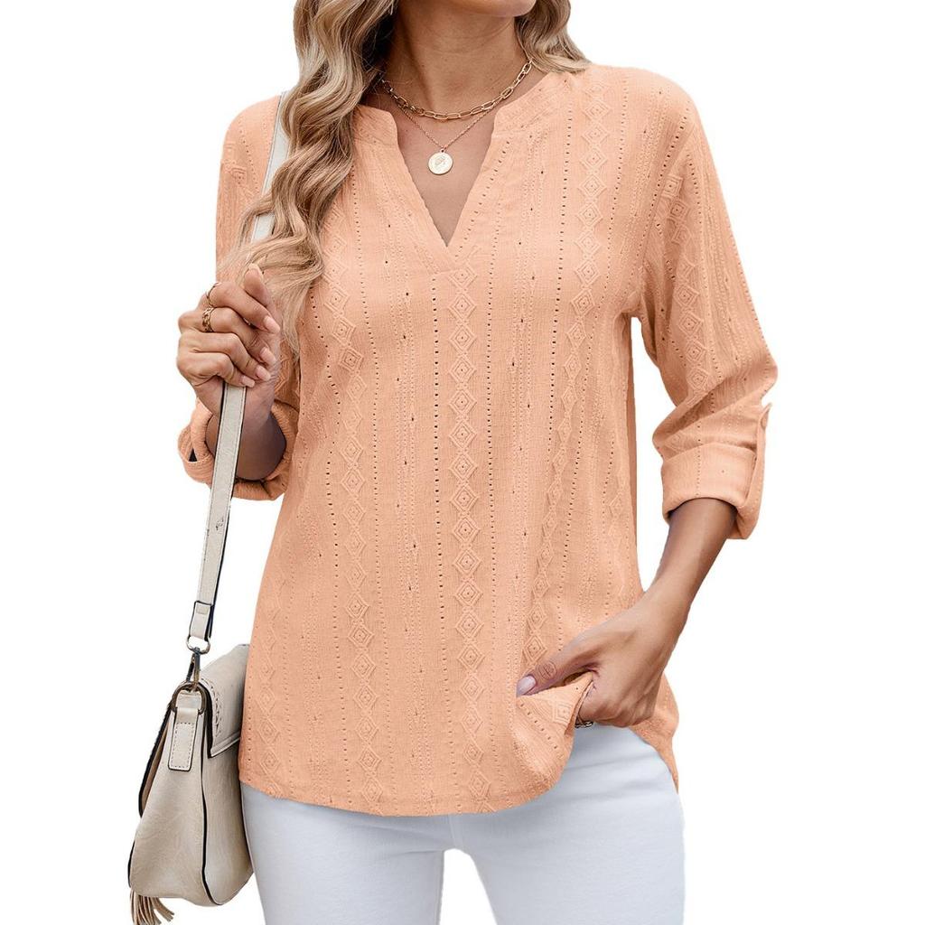 Leisure Europe America Spring Summer New Women's Loose V-Neck Solid Color 3/4 Sleeve Button Down T-shirt Top for Leisure