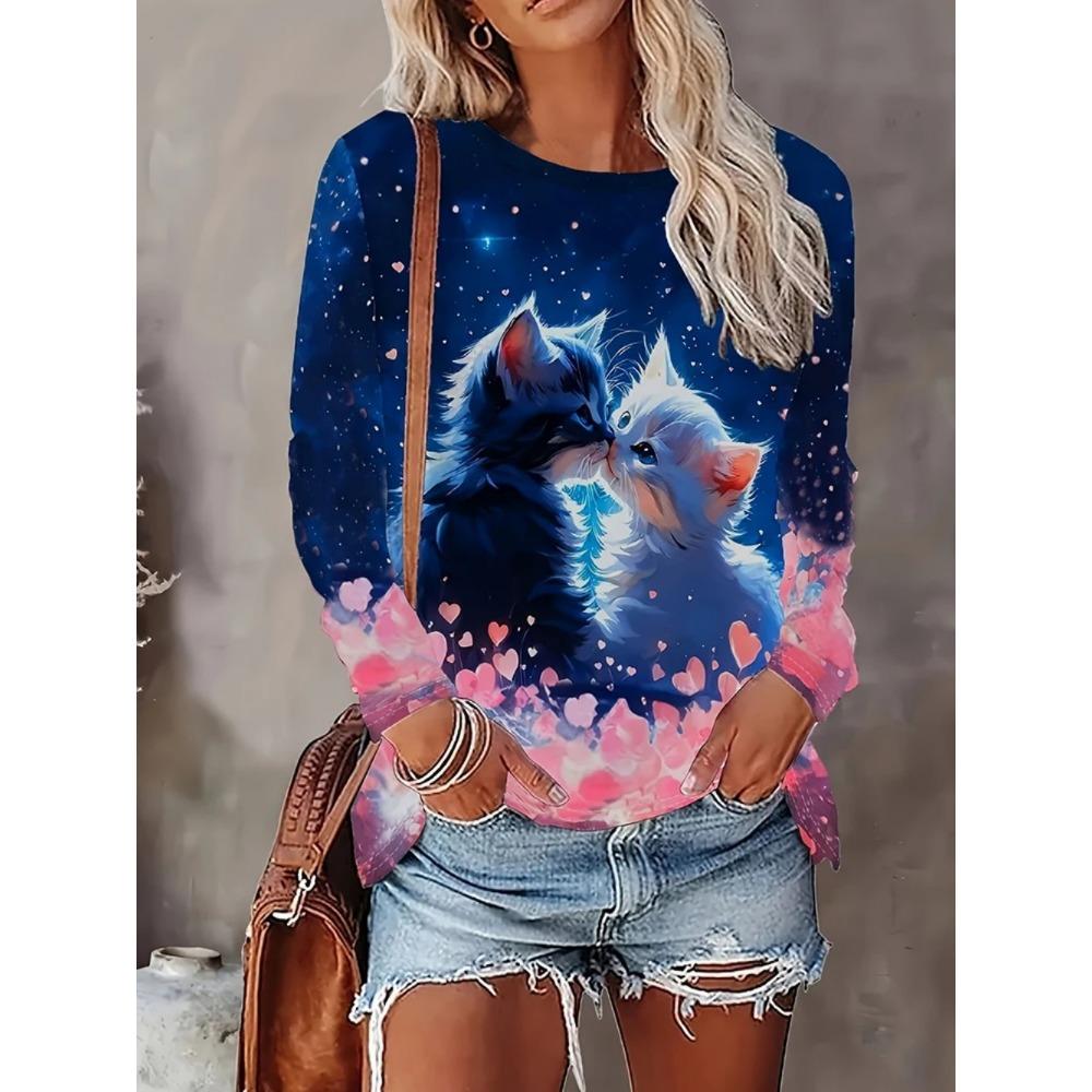 Daily casual 3D cute cat printed women's fashionable round neck long sleeved T-shirt
