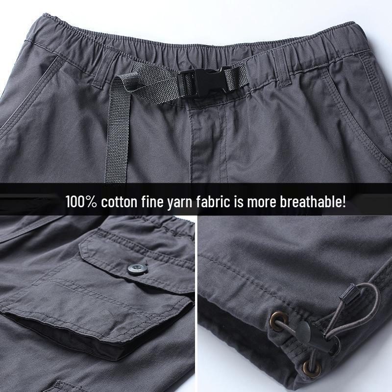 Pánské plážové šortky střední délky z čisté bavlny - Sedmibodový volný střih, nadměrná velikost, letní outdoorové pracovní oblečení.