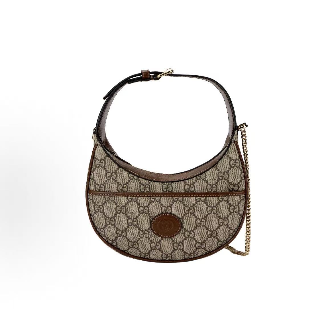 

Gucci Double G Interlocking Oval Metal Chain Shoulder Bag With Zipper Closure Canvas And Leather Edging Half-Moon Bag Box(Basic Set+Box)