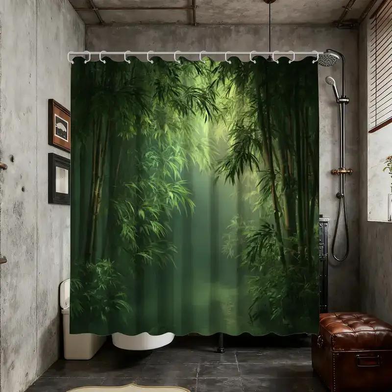 Bathroom Shower Curtain Bamboo Forest Print 3D Nature Scene With 12 Hooks Spa Wellness Decor Home Bathroom Accessory
