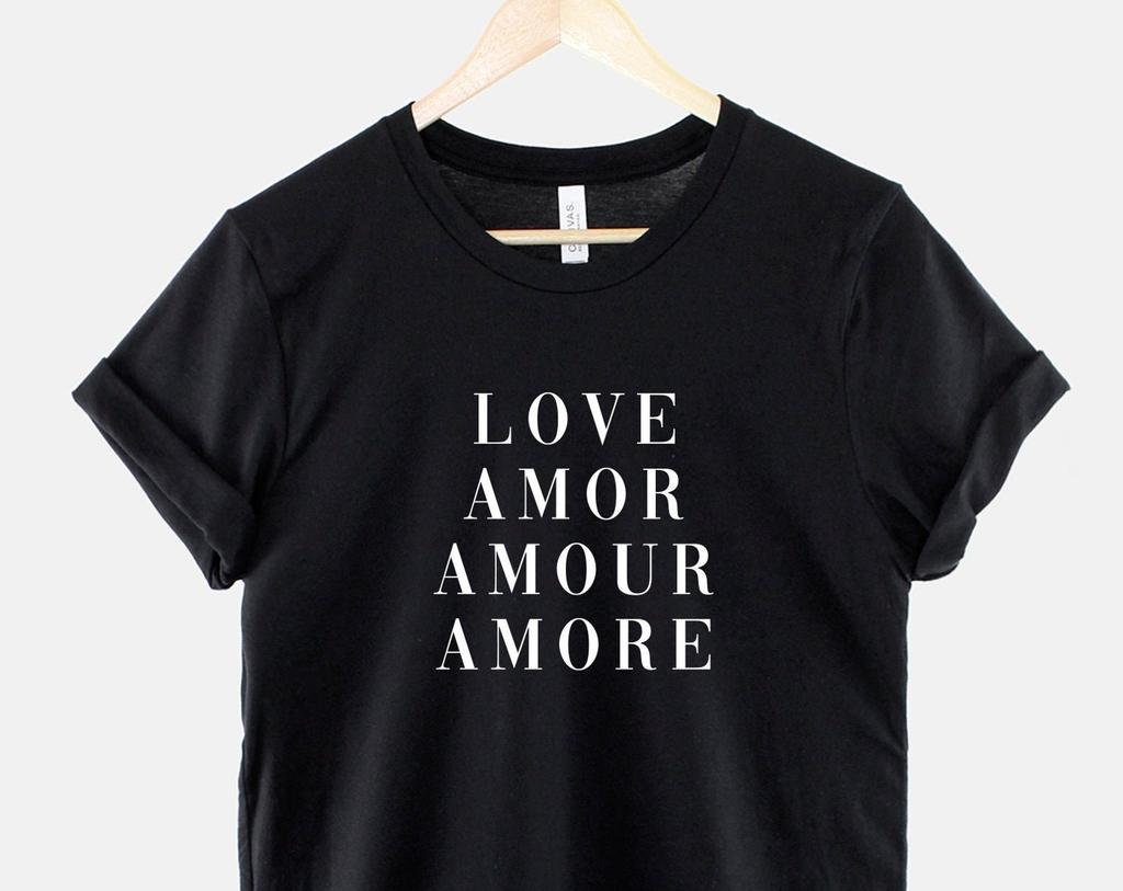 Love Amor Amour Shirt, Multilingual Heart Graphic Tee, 100% Cotton Top