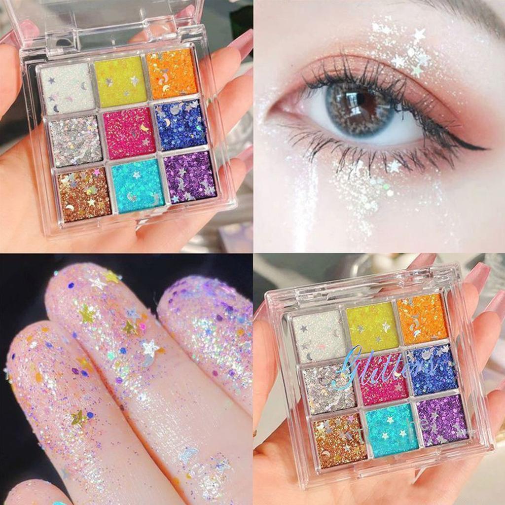 9-color Gel, Colored Sequin, Glue-free 9-color Eyeshadow , Performance Stage Makeup, Big Glitter, Super Shiny.