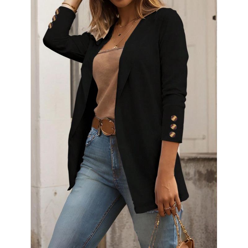 

2024 Autumn/Winter Women s Solid Color Lapel Long Sleeve Slim Fit Jacket S чёрный