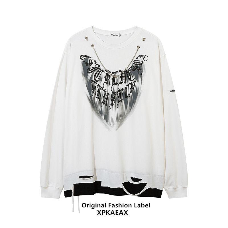 

Мужская новая футболка с длинным рукавом, с круглым вырезом, в темном нишевом дизайне, имитация двух частей, толстовка с цепочкой M белый