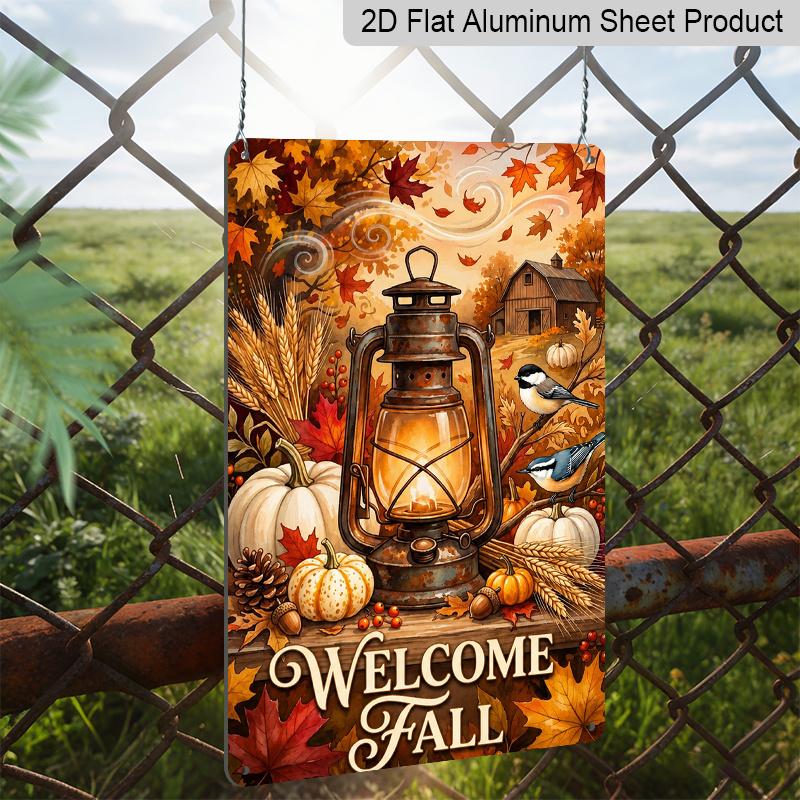 2D Flat Welcome Fall Vintage Lantern Pumpkin Aluminum Metal Sign‑8.0x12.0inch Autumn Farmhouse Wall Decor, Maple Leaf Bird Harvest Hanging Plaque sign