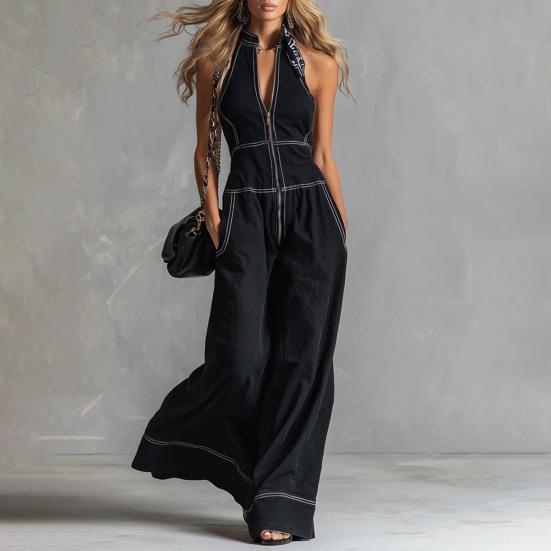 Huaqianguhh Women's Sleeveless Jumpsuit, Zip Up Stand Collar Wide Leg Pants Rompers, Casual Summer One Piece Outfits with Pockets