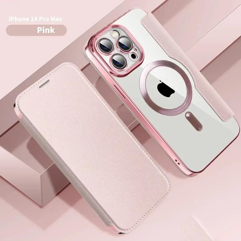 Electroplated Flip Leather Case for iPhone 16 15 14 13 12 11 Plus Pro Max for Magsafe Wireless Charging Protection Luxury Cover
