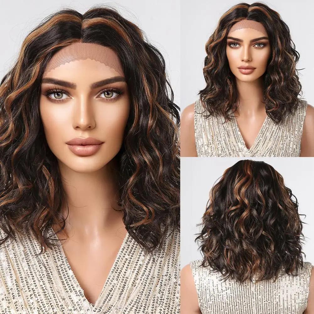 LOUIS FERRE Perucas sintéticas de renda frontal laranja marrom curto bob peruca com parte lateral uso diário festa peruca para mulheres resistente ao calor