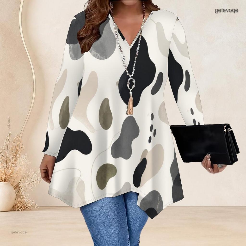 Women Plus Size V Neck Long Sleeve Printed Asymmetric Hem Flared Tunic Top