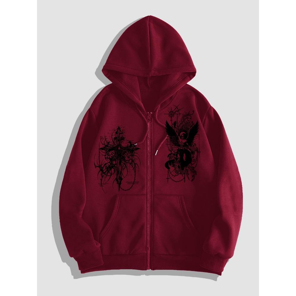 Herrs Huvtröja med Dragkedja och Mörkt Änglatryck, det Perfekta Valet för Avslappnad Streetwear och Trendiga Kläder