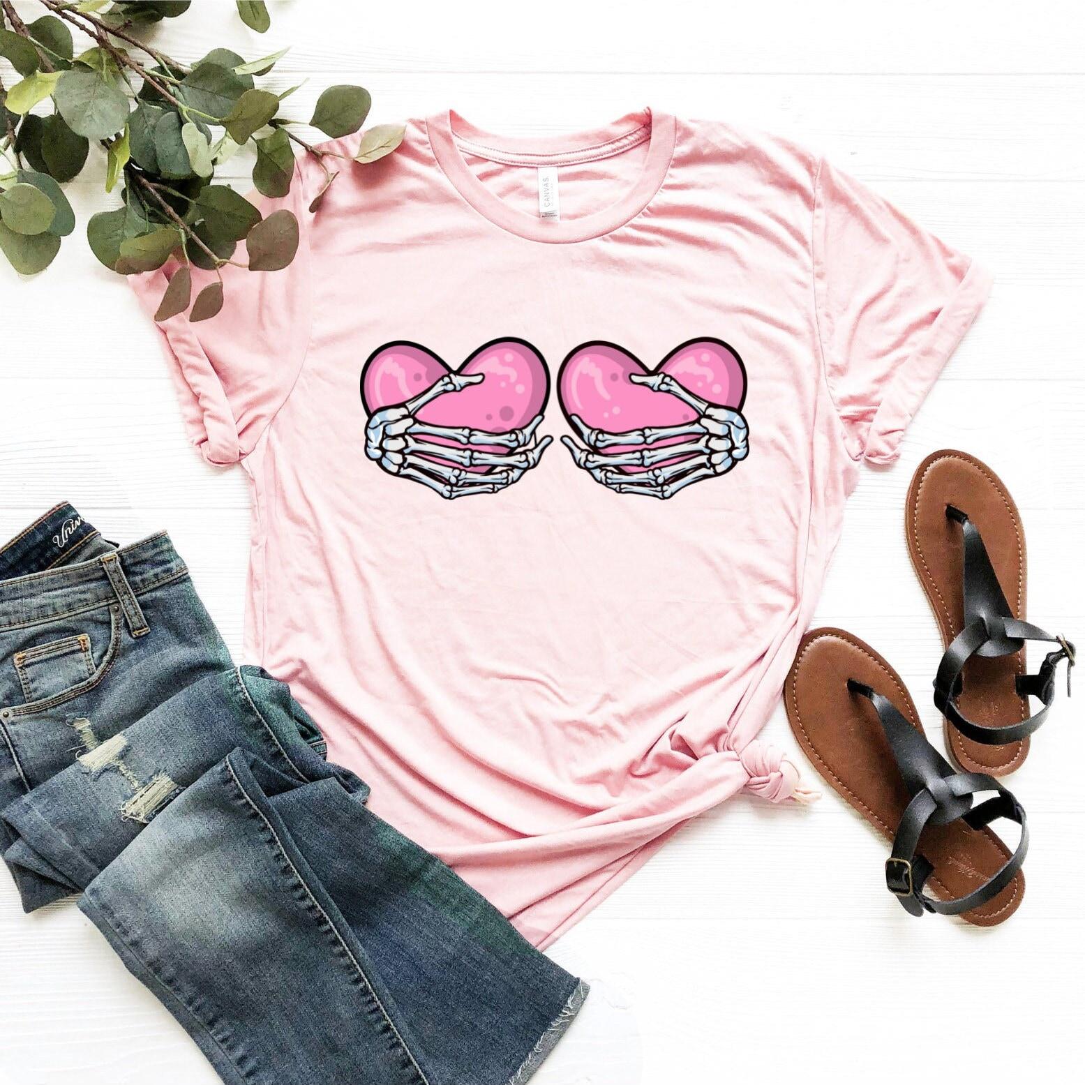 Skeleton Hands Hearts Boobs Shirt Women T Shirts Cotton Tees S розовый